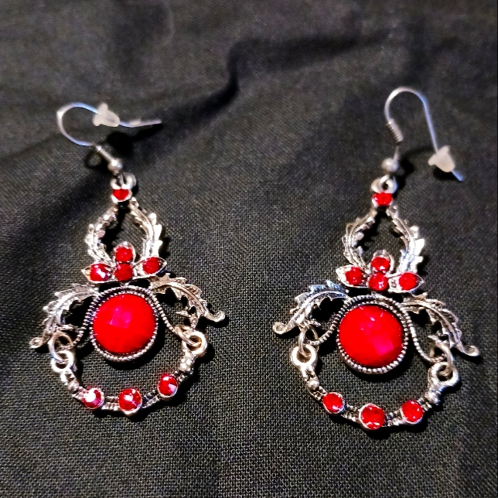 Red and Silver-toned Dangle Earrings